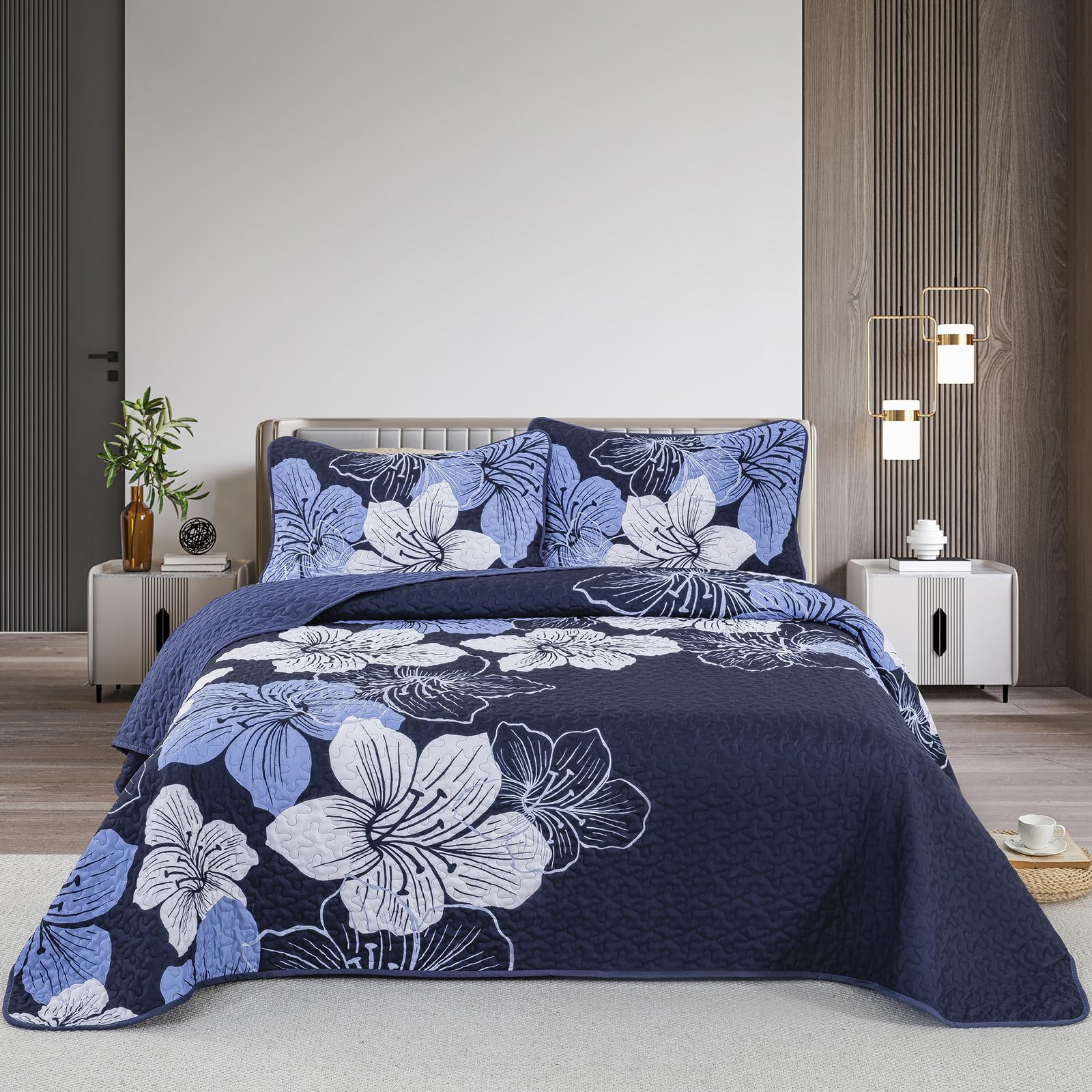 Djy 3 Pieces Quilt Set King Navy Blue Floral Pattern Quilt Coverlet Set Gorgeous Boho Bedspread With 2 Pillow Cases Cozy Microfi